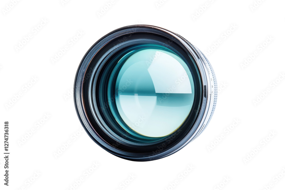 Fototapeta premium Capturing clarity through a beautifully crafted camera lens resting on a bright, reflective surface isolated on transparent background