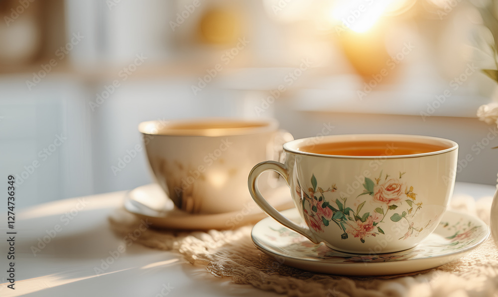 Elegant porcelain tea cups with delicate floral patterns on saucers. Warm morning sunlight. Soft shadows on wooden table. Cozy and nostalgic atmosphere. Peaceful tea moment. Elegant porcelain tea cups with delicate floral patterns on saucers. Warm morning sunlight. Soft shadows on wooden table. Cozy and nostalgic atmosphere. Peaceful tea moment.