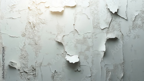 Aged peeling paint on rough plaster wall with sunlight glare