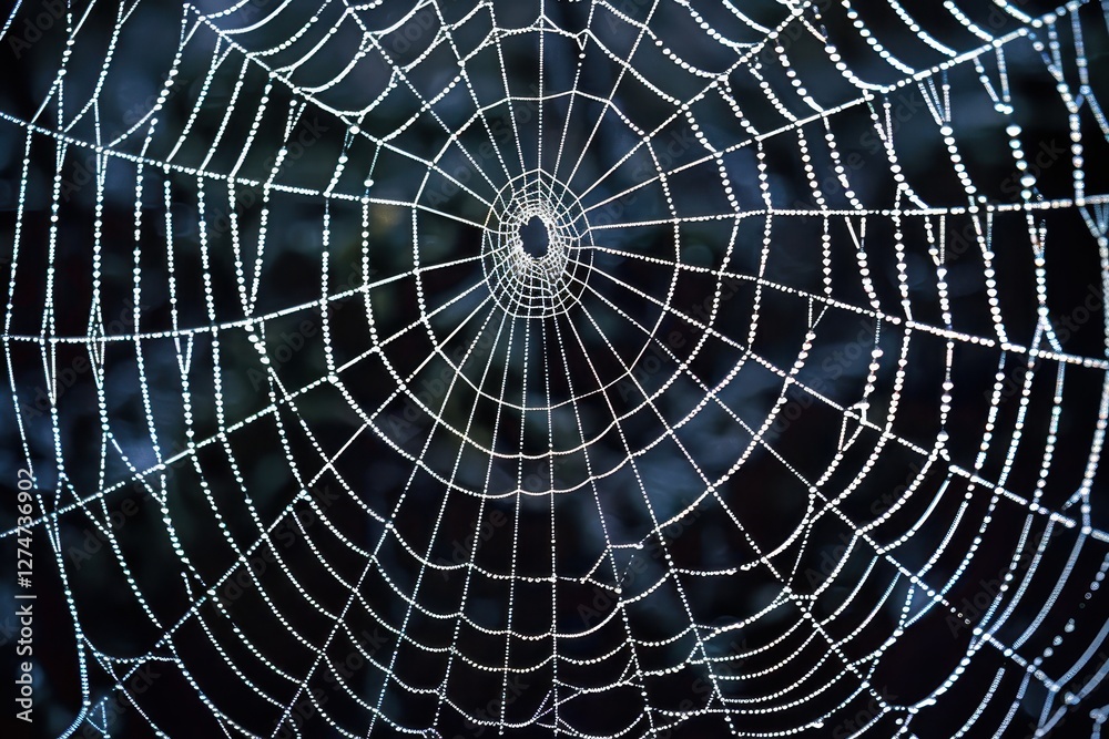 Obraz premium Delicate spider web glistening with dew drops in the early morning sunlight amid lush greenery