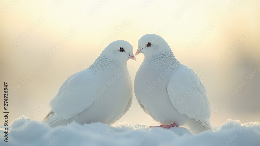 Fototapeta premium Two white doves in snowy landscape with soft light and gentle interaction