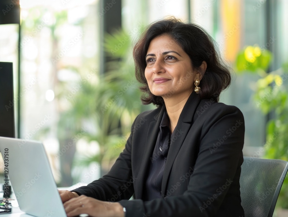 A smiling professional woman working on her laptop. A smiling professional woman working on her laptop.