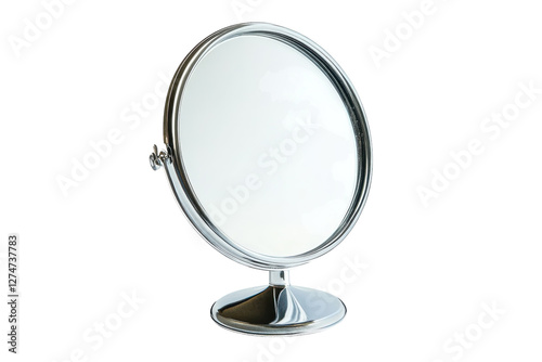 Reflecting serenity in a minimalist setting with a classic round mirror on a bright surface isolated on transparent background
