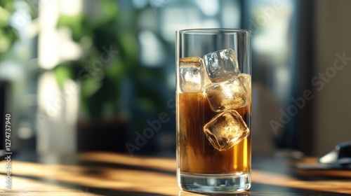 Cold iced tea with ice cubes served in a transparent glass, basking in sunlight on a table.