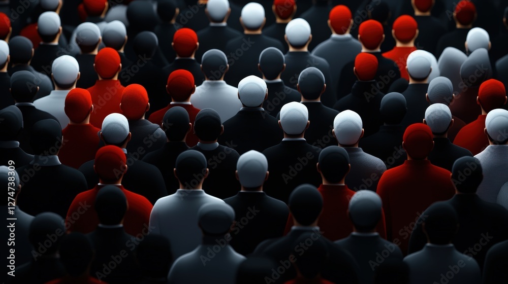 Obraz premium An artistic representation of a diverse crowd, showcasing individuals with varying colored hats. This image captures the essence of unity and diversity in a modern society.