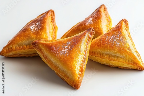 Three golden brown, powdered sugar-topped triangle pastries on a white platter. A sweet and appetizing dessert option.