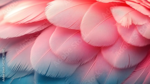 Close-up of vibrant pink and blue feathers with soft texture and detailed patterns