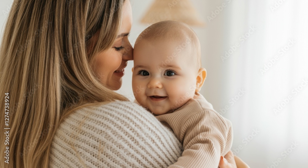 Caucasian female adult holding smiling baby in cozy setting Caucasian female adult holding smiling baby in cozy setting