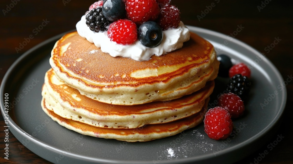 A delicious stack of pancakes with blueberries and raspberries on top, topped with whipped cream. Perfect for a healthy and indulgent breakfast or dessert. A delicious stack of pancakes with blueberries and raspberries on top, topped with whipped cream. Perfect for a healthy and indulgent breakfast or dessert.