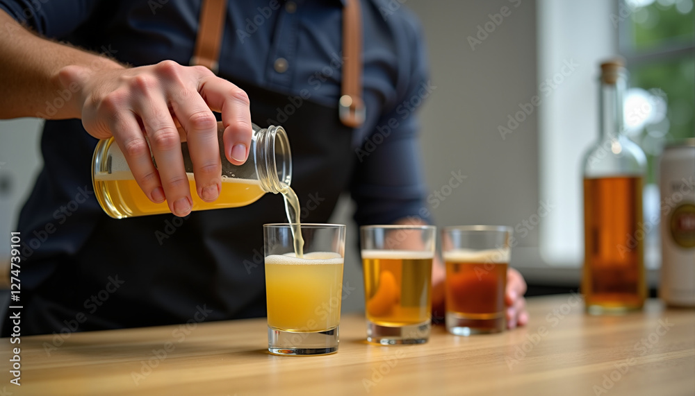 Bartender pouring craft beer into tasting glasses Bartender pouring craft beer into tasting glasses