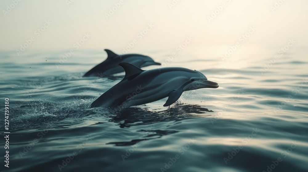 Naklejka premium Dolphins leaping gracefully in ocean waters at sunset