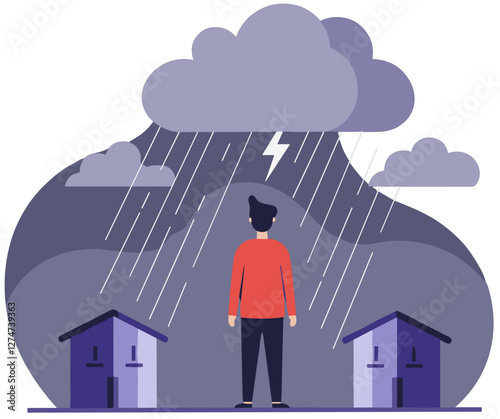 Man standing under the rain, acceptance through difficulties concept. Minimalist flat design