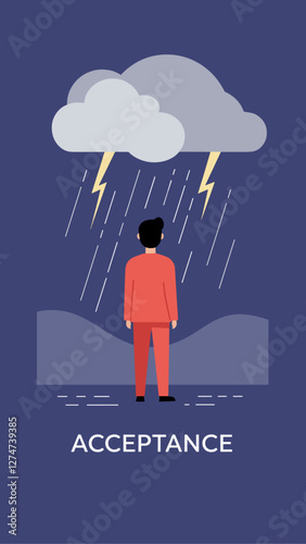 Acceptance conceptual banner. Man standing under storm. Minimalist flat vector