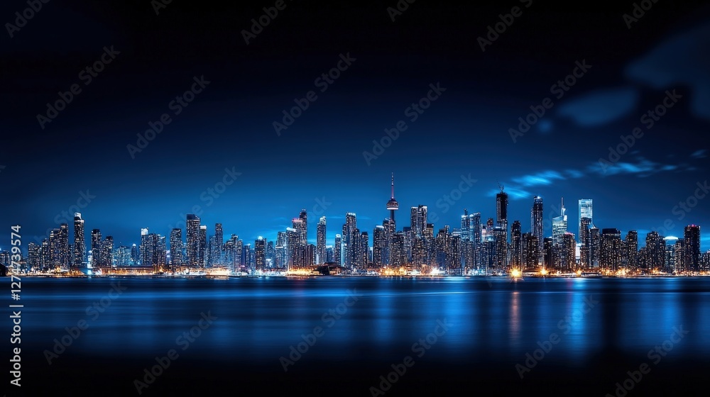 Obraz premium An illuminated city skyline at night, showcasing modern skyscrapers reflected in calm waters. The vibrant blue hues create a serene and captivating urban atmosphere.