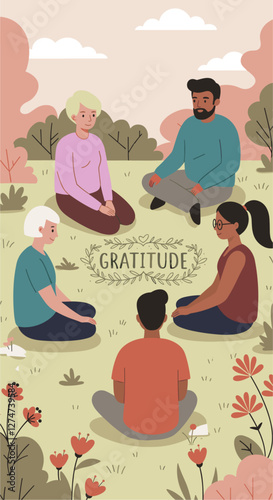 Gratitude practice with multiethnic group of people gathering in the park for meditation