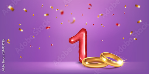 A red number 1 in the form of a balloon with two gold wedding rings, symbolizing the celebration of the first wedding anniversary and love, surrounded by colorful confetti, on warm purple background.