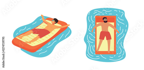 Man swim in pool on inflatable mattress. Vector clipart illustration on isolated background.
