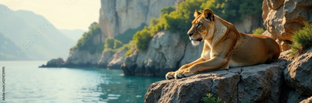 Naklejka premium Lioness on rocky outcrop by water, nature, safari, wildlife
