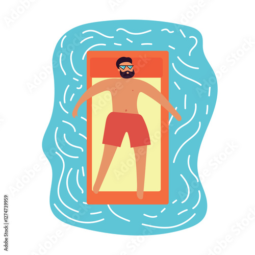 Man swim in pool on inflatable mattress. Vector clipart illustration on isolated background.