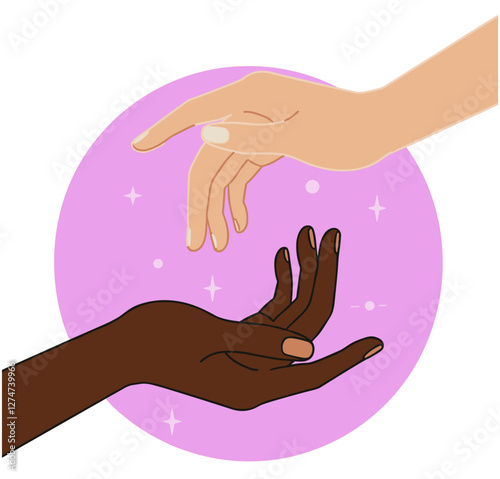 Two hands of black and white women trying to reach each other. Spirituality and sorority concept