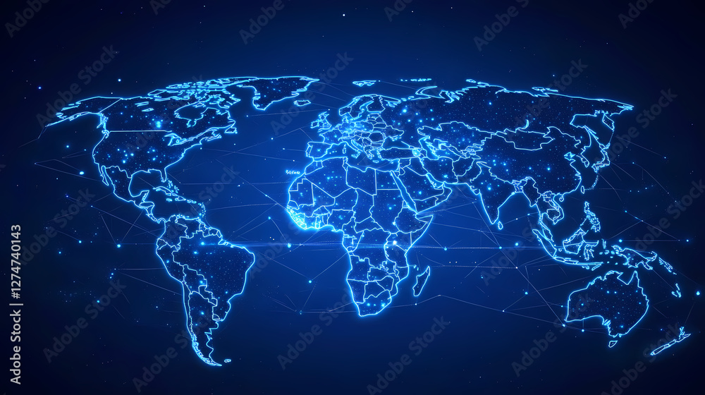 Abstract digital map of the world with glowing lights and connections, representing global connectivity