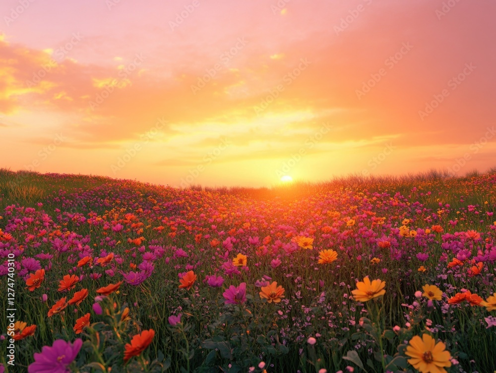 Fototapeta premium Vivid wildflowers in a meadow at sunset. Soft focus and warm lighting create a peaceful, picturesque landscape.