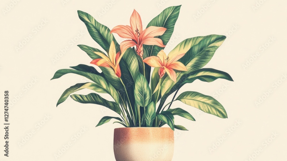 An illustrated lily of the Nile plant in a ceramic pot, ideal for interior decoration or as a houseplant. An illustrated lily of the Nile plant in a ceramic pot, ideal for interior decoration or as a houseplant.