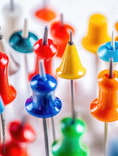 Close-up of push pins with various colors and sharp points. Many pins grouped closely together in a row, showing the variety and organization.