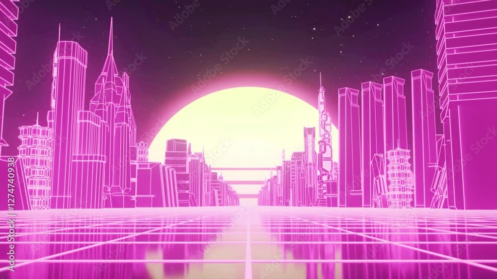Seamless loop of retro cyberpunk cityscape with a moving grid floor. VJ synthwave looping 3D animation for music video