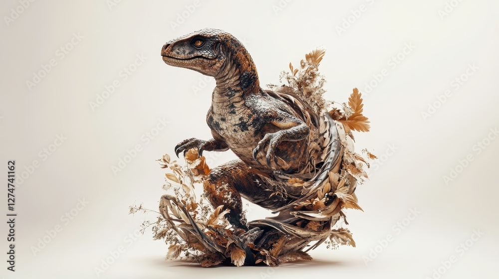Obraz premium Detailed velociraptor surrounded by ornate foliage against a cream background