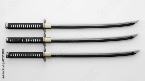 Three traditional japanese katanas with black handles on white background