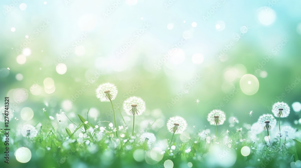 Obraz premium Dewy Dandelions in Sunny Meadow, Spring