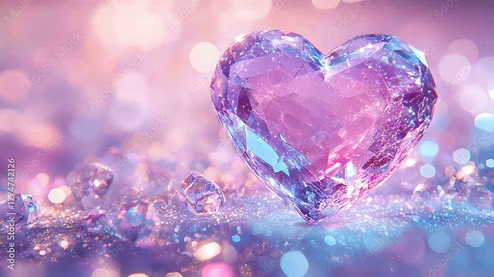 Magical crystal heart on sparkling surface with pink and blue bokeh lights creating romantic atmosphere. Glowing heart shape with ethereal glow and reflections. Magical crystal heart on sparkling surface with pink and blue bokeh lights creating romantic atmosphere. Glowing heart shape with ethereal glow and reflections.