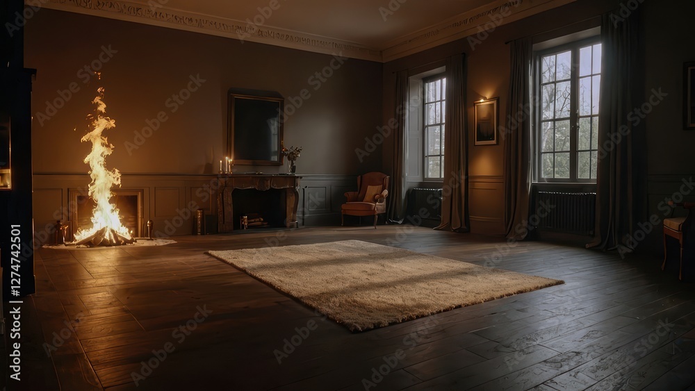 A fire burns in the corner of a spacious room generated by AI A fire burns in the corner of a spacious room generated by AI