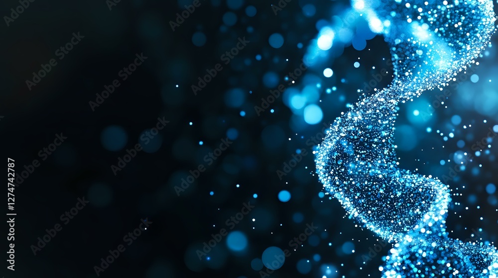 Glowing blue DNA helix structure with particles and bokeh effects on dark background, representing genetic research and biotechnology advancement. Glowing blue DNA helix structure with particles and bokeh effects on dark background, representing genetic research and biotechnology advancement.