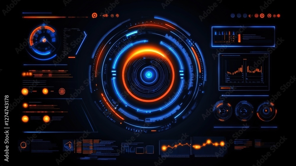 Futuristic digital dashboard with glowing interface elements in blue and orange. Ideal for showcasing data analytics and advanced technology themes in modern design. Futuristic digital dashboard with glowing interface elements in blue and orange. Ideal for showcasing data analytics and advanced technology themes in modern design.