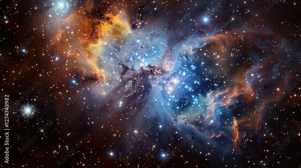 Realistic space scene with a nebula, shining stars, and swirling cosmic dust Realistic space scene with a nebula, shining stars, and swirling cosmic dust