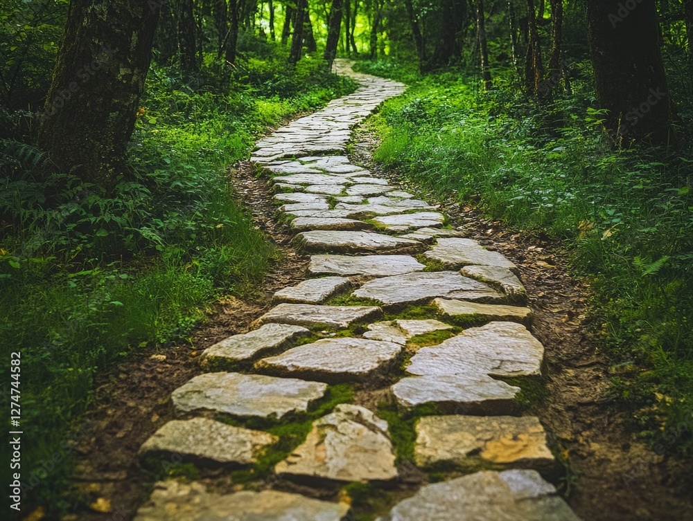 A winding stone path disappears into the mist of a foggy, early morning forest. A winding stone path disappears into the mist of a foggy, early morning forest.