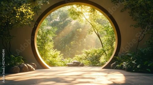 Circular Garden Gateway Illuminates Lush Green Forest
