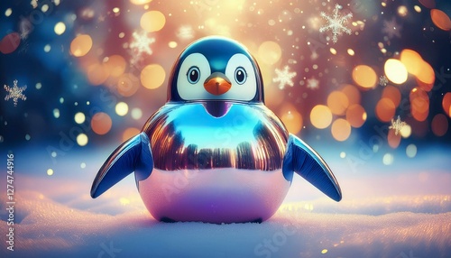 chrome penguin sitting in snow