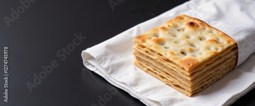 Passover matzah stacked neatly on a white napkin conveying a sense of tradition and cultural significance representing the Jewish holiday photo