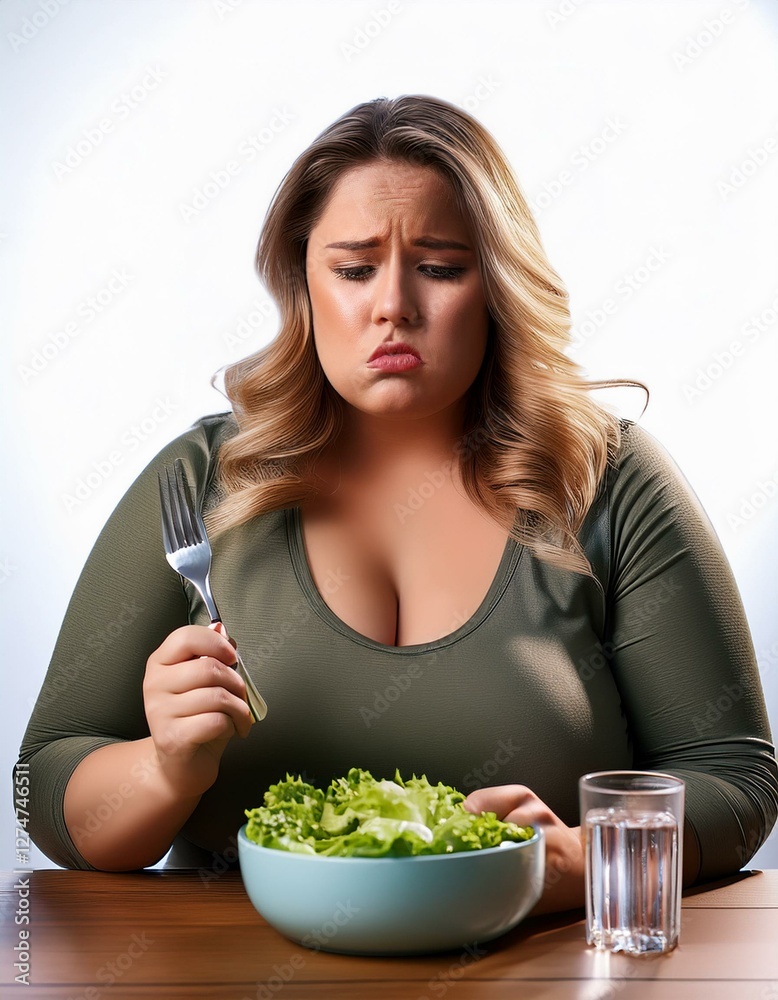 An overweight woman feeling frustrated while eating a fresh vegetable salad. An unhappy plus-size female sits at a table with a bowl of greens and water, expressing dissatisfaction with her diet An overweight woman feeling frustrated while eating a fresh vegetable salad. An unhappy plus-size female sits at a table with a bowl of greens and water, expressing dissatisfaction with her diet