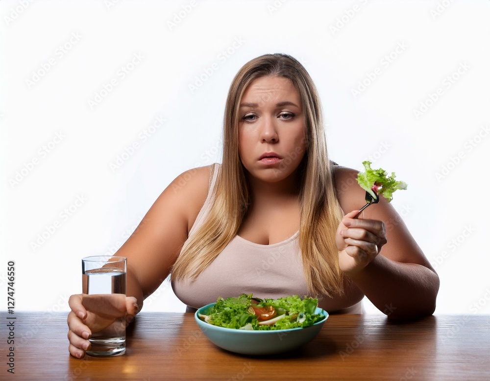 An overweight woman feeling frustrated while eating a fresh vegetable salad. An unhappy plus-size female sits at a table with a bowl of greens and water, expressing dissatisfaction with her diet An overweight woman feeling frustrated while eating a fresh vegetable salad. An unhappy plus-size female sits at a table with a bowl of greens and water, expressing dissatisfaction with her diet