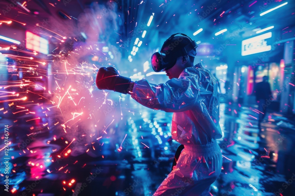 High-flying VR action: man performing a kick, neon lights adding a vibrant touch. High-flying VR action: man performing a kick, neon lights adding a vibrant touch.