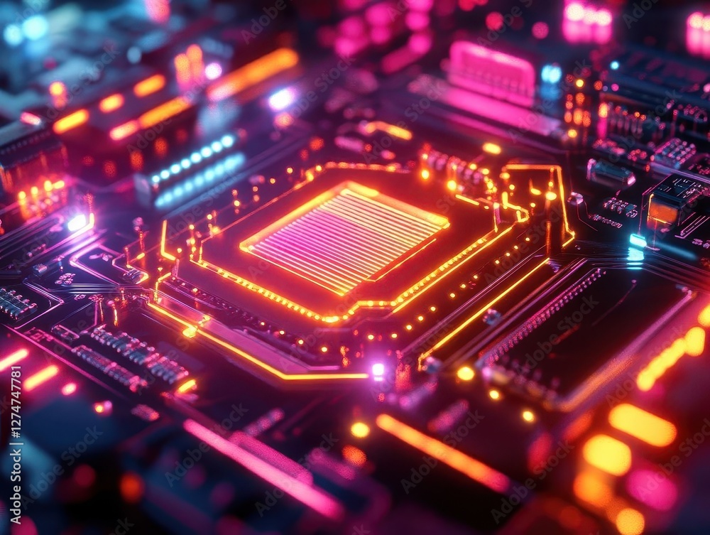 Quantum computing processor with glowing data lines, sleek futuristic tech lab, vibrant neon lighting, photorealistic Quantum computing processor with glowing data lines, sleek futuristic tech lab, vibrant neon lighting, photorealistic
