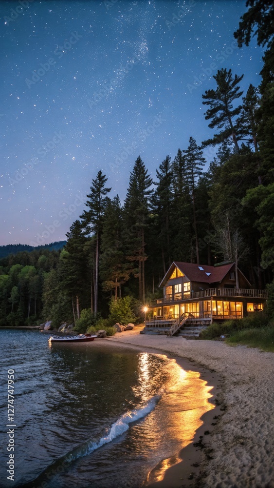 Serene Lakeside Retreat Under Starry Night Sky. Generative AI Serene Lakeside Retreat Under Starry Night Sky. Generative AI