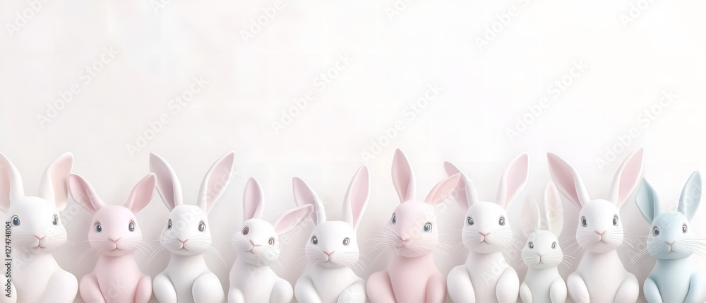 row of funny, a little bit disturbing, cute pink & beige pastel easter bunnies / rabbits sitting and making down border of easter bright modern frame; copy space row of funny, a little bit disturbing, cute pink & beige pastel easter bunnies / rabbits sitting and making down border of easter bright modern frame; copy space
