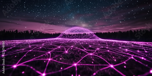 Purple network dome over landscape, purple and black, representing futuristic technology