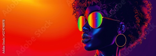 Vibrant digital illustration of a black woman with curly hair, wearing rainbow-reflective sunglasses against a warm gradient background. Retro look with bold neon lighting. Copy space.