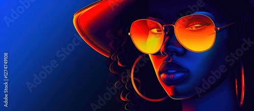 An illustration of a Black woman with an afro, hoop earrings, orange-tinted sunglasses, and a wide-brim hat. Deep blue tones and fiery orange highlights. Modern portrait with copy space.